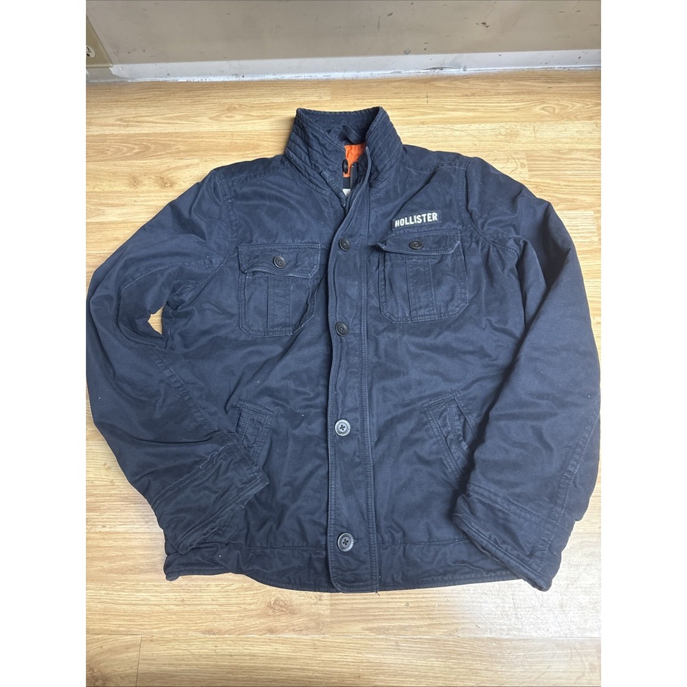 Vintage Hollister Navy Blue Quilted Orange Liner Military Field  Jacket Men XL